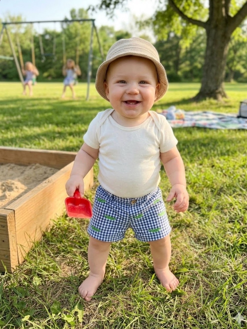Ralph Lauren Blue Gingham Shorts with Green Whale Embroidery